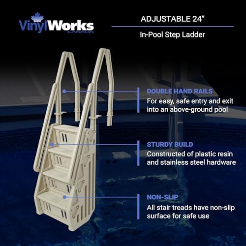 Deluxe Adjustable 24 Inch Wide in Pool Step Ladder Entry System for Above Ground Swimming Pools with Non Slip Steps, Taupe