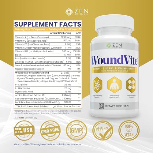 Zen Nutrients WoundVite Pre & Post Surgery Support, Scar & Wound Care, Scar Treatment, Plastic & General Surgery