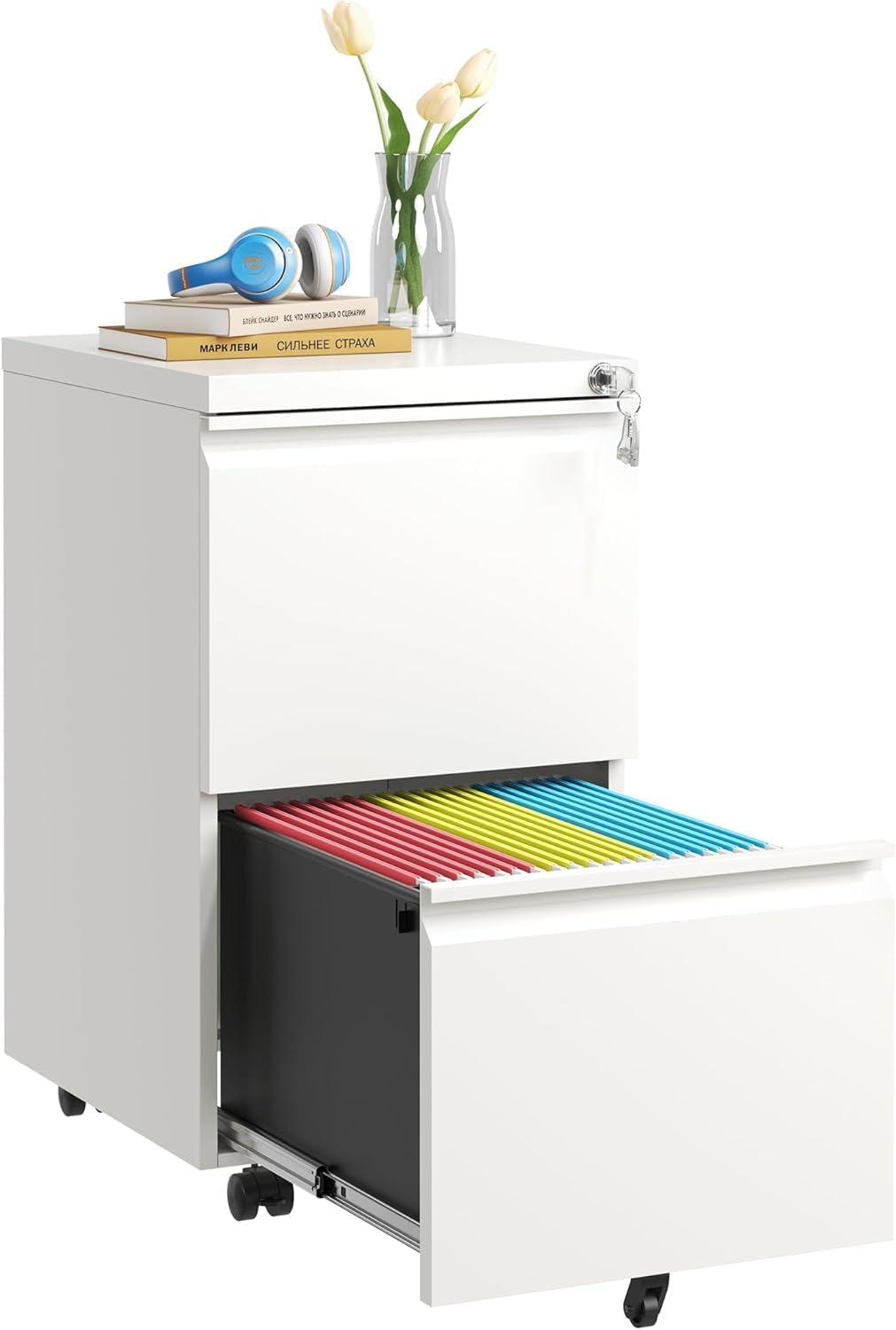 Guizeeopo 3 Drawer File Cabinet with Lock, File Cabinets for Home Office,Under Desk Cabinet, Locking File Cabinet for A4/Letter/Legal, Fully Assembled Expect Casters, Matte White