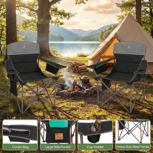 Oversized Camping Chairs 2 Pack - Heavy Duty 400LBS Padded Lawn Chair with Cooler Bag,Cup Holder,Side Pocket,Collapsible for Outdoor,Camp,Fishing & Garden,Dark Green