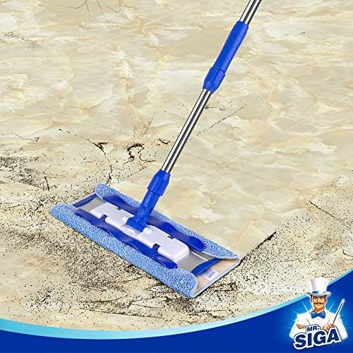 MR.SIGA Professional Microfiber Mop for Hardwood, Laminate Floor Cleaning | Stainless steel telescopic handle, 3 reusable microfiber flat mop refills and 1 dirt removal scrubber included
