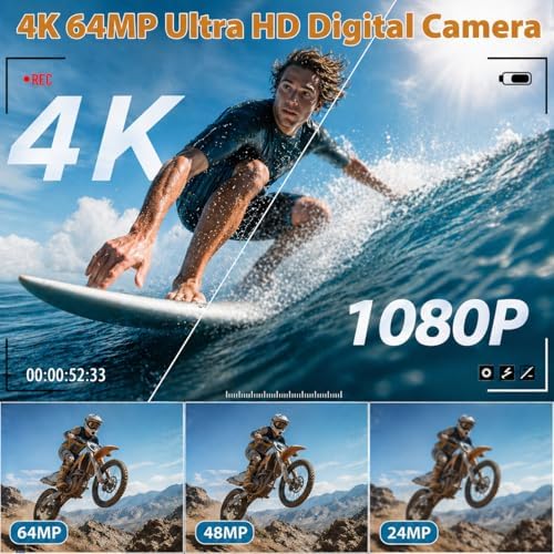 4K Digital Camera for Photography, 64MP Vlogging Camera for YouTube with 3" 180° Flip Screen, WiFi Compact Camera with 18X Digital Zoom, Comes with 32GB Micro SD Card & 2 Batteries, Black