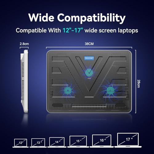 TECKNET Laptop Cooling Pad, Portable Slim Laptop Cooler for 12"-17" Laptops | 60% High-Efficiency Cooling, Whisper-Quiet Design, Dual USB Ports, LED Working Indicator, Alloy Material Mesh