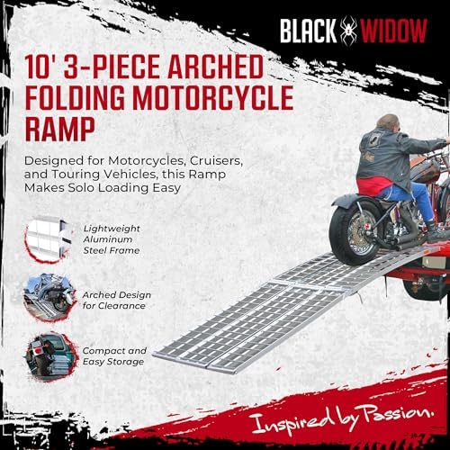 Black Widow Aluminum Folding Motorcycle Ramp for Pickup Trucks, Arched Design, 10’, Silver – Heavy-Duty Portable Automotive Loading Ramps for Truck and Trailer | Heavy-Duty Portable Automotive Ramp for Loading Motorcycles and Dirt Bikes into Truck Beds a…