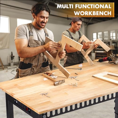 48" Adjustable Workbench, Work Table with Wheels and Power Outlet | 2000LBS Load Capacity Rubber Wood Top Workstation, Heavy-Duty Craft Table for Garage Workshop