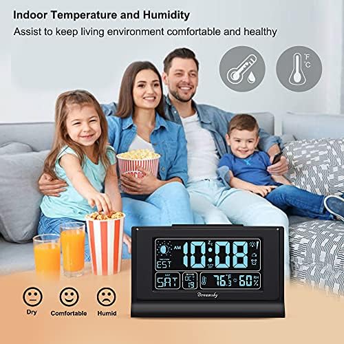 DreamSky Alarm Clocks for Bedrooms with Battery Backup, Auto Set | Digital Clock with Date & Day of Week, 5 Inch Large Display, Weekday, Temperature, USB Port, Auto DST, Brightness Dimmer