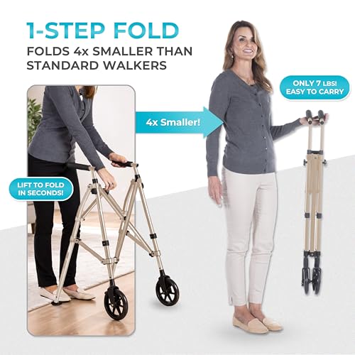 Stander Space Saver Walker Short, Lightweight Folding Rolling Mobility Aid for Juniors & Petite Adults