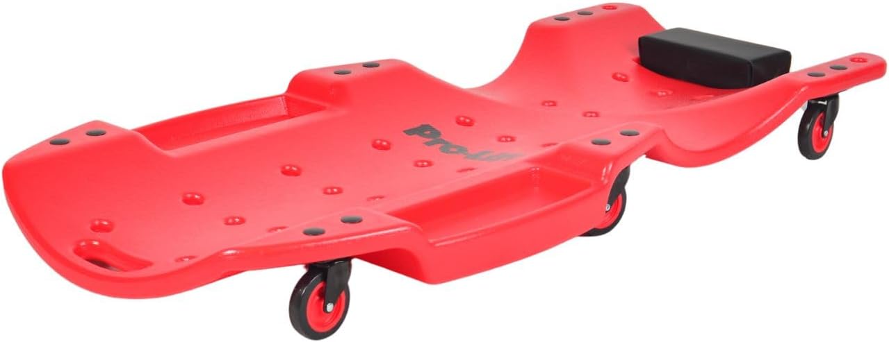 Pro-LifT C-6048 Mechanic Plastic Creeper 48 Inch - Blow Molded Ergonomic HDPE Body with Padded Headrest & Dual Tool Trays - 440 Lbs Capacity Red