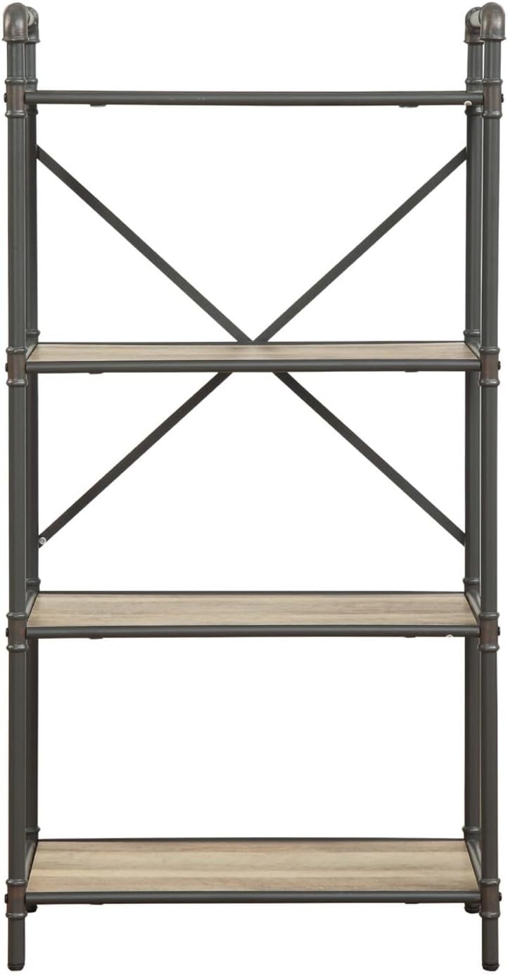 Benjara Benzara Four-Tier Metal Bookshelf with Wooden Shelves, Brown and Grey,