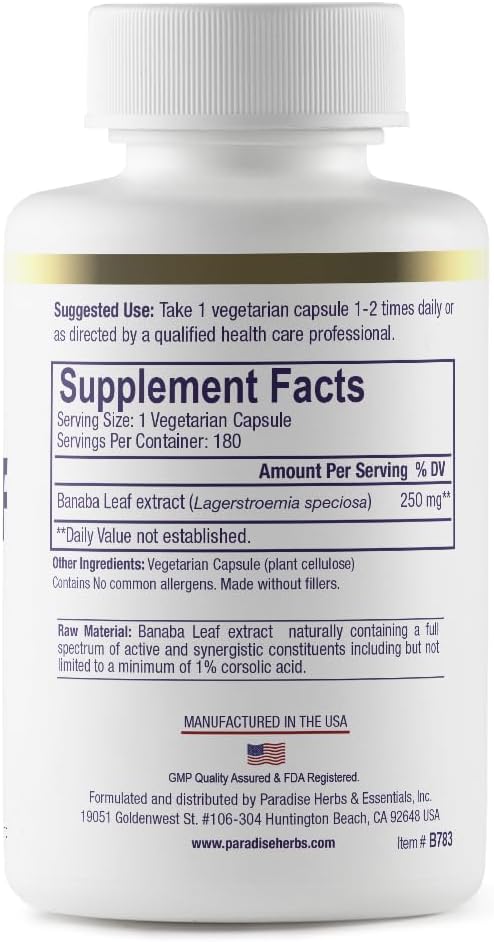 Paradise Herbs & Essentials Banaba Leaf Extract 250 mg, 180 Capsules | 12:1 concentrated formula, vegan, gluten free, non-GMO dietary supplement with a convenient daily serving format