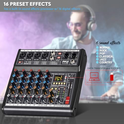 Pyle Professional Bluetooth DJ Audio Mixer - 6-Channel DJ Controller Sound Mixer w/DSP 16 Preset Effects, USB Interface, 4 XLR Mic/Line Input, AUX