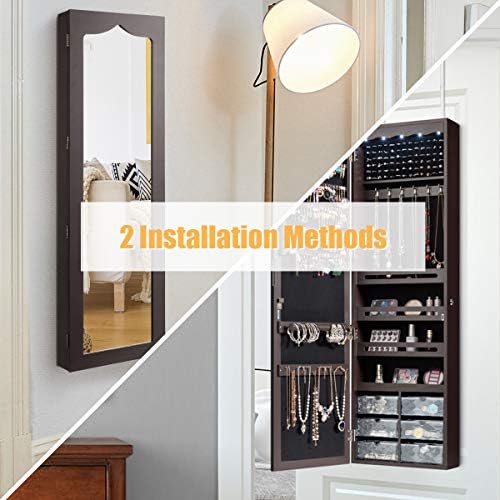 CHARMAID Jewelry Cabinet Armoire, Wall Mount Door Hanging, Lockable Jewelry Organizer with 47.5'' Full Length Mirror, 5 Lights