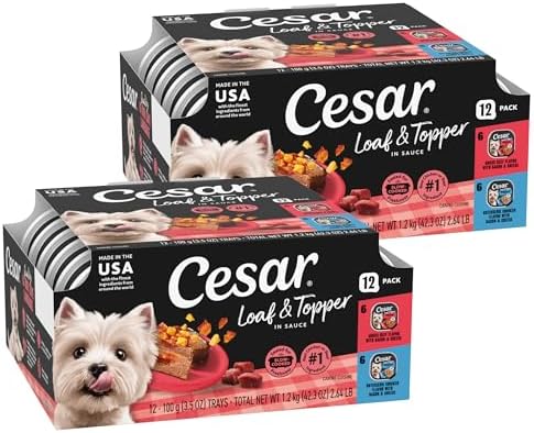 Cesar Loaf & Topper Wet Dog Food, Chicken & Filet, 3.5 oz, 12 Count, 2-Pack | Real beef or chicken #1 ingredient, no fillers or added sugar, no artificial flavors, complete & balanced, easy peel trays