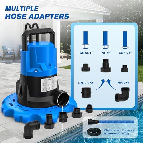 1 HP Automatic Swimming Pool Cover Pump, 5000 GPH Submersible Pumps with 3/4” Check Valve Adapter & 25ft Power Cord, Water Removal for Pool