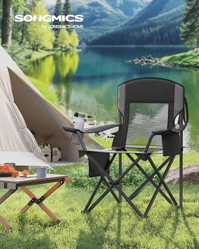 SONGMICS Camping Chair, Folding Oversized Chair, Comfortable and Heavy-Duty, 352 lb Weight Capacity, Adjustable Armrests with Cooler Bag, Storage Bag, Breathable Mesh, Bijou Blue UGCB060Q01