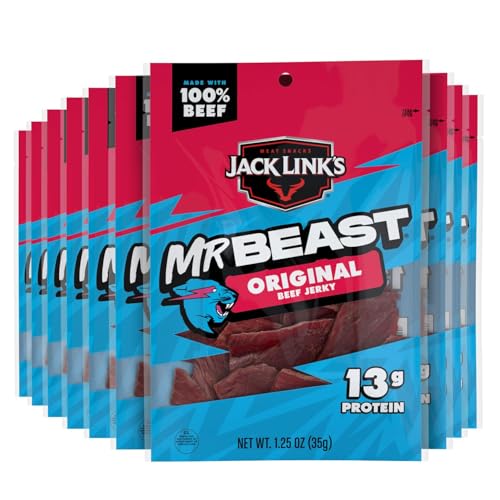 Jack Link's MrBeast Beef Jerky, Peppered Beef Jerky - 10 Count | As Seen on Beast Games, 11g Protein, Made with 100% Real Beef, Pantry-Ready Snacks