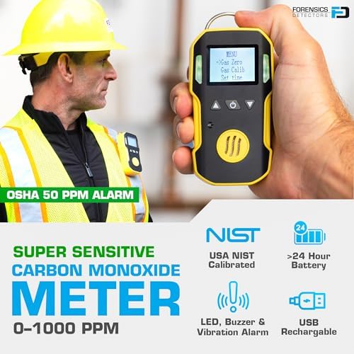 Carbon Monoxide CO Meter by Forensics | USA NIST Calibration | Dust & Explosion Proof | USB Recharge | Sound