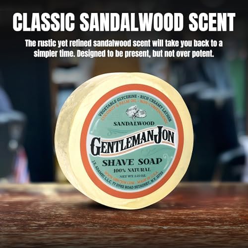 Gentleman Jon Sandalwood Shaving Soap - 2.25oz Premium Men's Wet Shave Puck | Mens Shaving Soap, Sandalwood Scented, Creates Thick & Creamy Lather