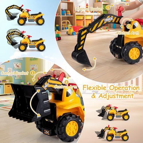 Costzon Ride on Excavator, Ride on Construction Vehicles w/Helmet, 3 Toy Stones, Realistic Sound, Adjustable Bucket & Under Seat Storage, Bulldozer Ride on Toy Gift for Kids Boys & Girls