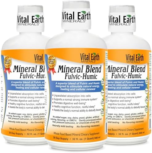 Vital Earth Minerals Fulvic Humic Mineral Blend Liquid 2-Pack – Fulvic Acid Supplement with 70+ Trace Minerals, Electrolytes for Recovery, Balance & Energy, 32 Oz Ea + 1 Oz Cup Ea