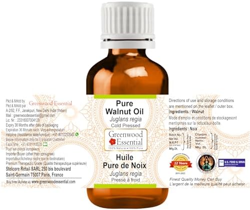 Greenwood Essential Walnut Oil (Juglans regia) | Cold Pressed | Natural | Undiluted | for Diluting Essential Oils | for Skin & Massage | Men & Women