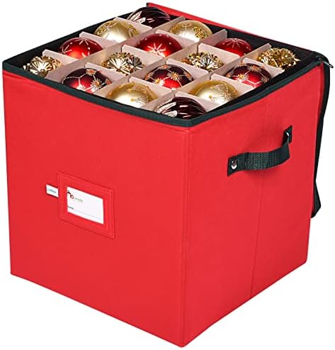 Christmas Ornament Storage Box, 4 Individual Trays Xmas Storage Container, Fits 64 Ornaments Decoration Balls, Constructed of Durable Polyester Material (Red)
