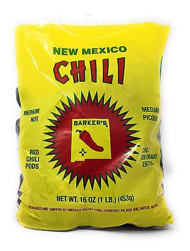 Barker's Dried Red Chili Pods, 16 Ounces - Medium Hot - Grown in World Famous Chili Region Hatch, NM - No Preservatives, USA Product