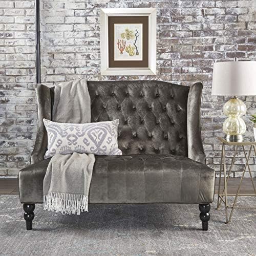 Christopher Knight Home GDFStudio Leona Modern Glam Tufted Velvet Wingback Loveseat, Gray and Dark Brown