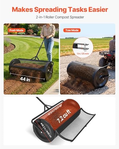 VEVOR Compost Spreader, 36" Wide Peat Moss Spreader with Push/Tow Handle, 4 Heights Adjustable, Powder-Coated Steel Garden Peat Moss Roller, Heavy Duty Grass Seed Roller for Planting Seeding, Black