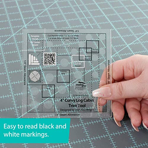 Creative Grids 4in Curvy Log Cabin Trim Tool Quilt Ruler – CGRJAW6MINI – Made in USA, 4-1/2in x 4-1/2in, Non-Slip Grip Acrylic Quilting, Sewing