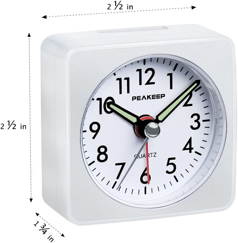 Peakeep Ultra Small, Battery Travel Alarm Clock with Snooze and Light | Silent No Ticking Analog Quartz Clock (Aquamarine)