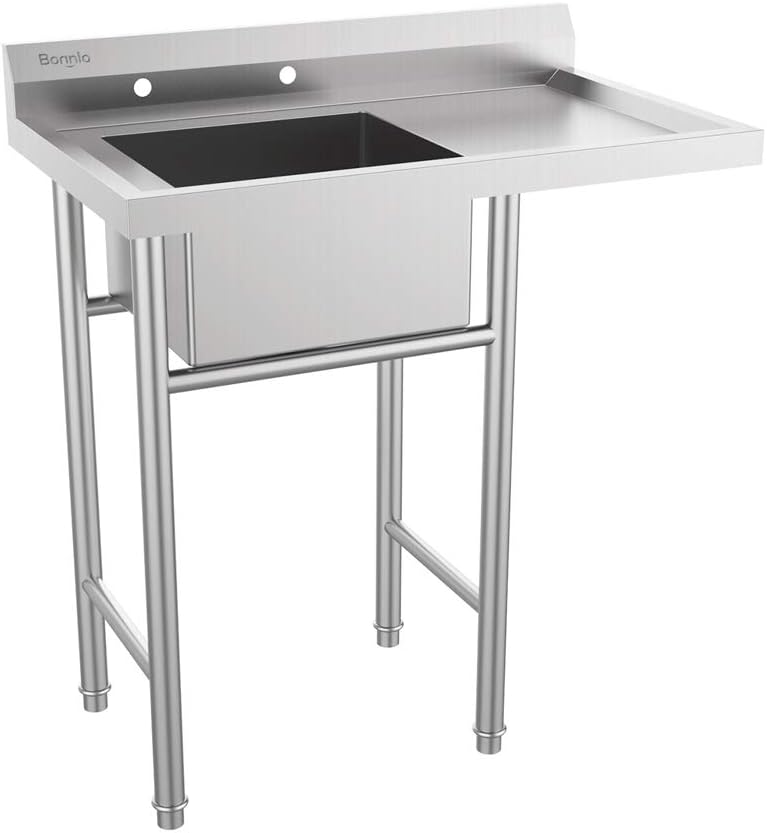 Bonnlo 304 Stainless Steel Utility Sink with Drainboard, One Compartment Workbench Sink Commercial Sink for Restaurant, Laundry Room, Backyard