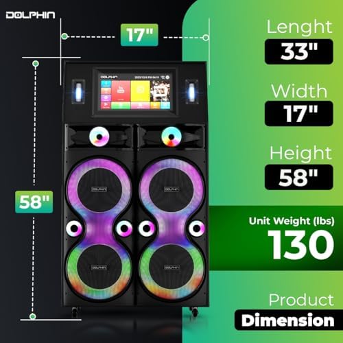 Dolphin Karaoke Machine with 2 Wireless Microphones, Quad 12" Woofers | 18.5" Touchscreen, 300W RMS, Android, Bluetooth, Wi-Fi, HDMI/USB/SD Card/AUX