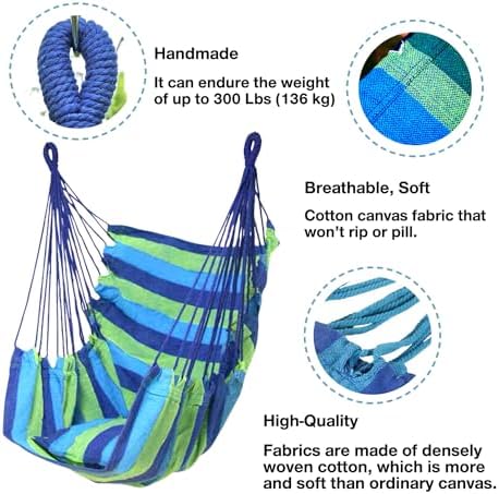 Hommtina Hammock Chair Hanging Rope Swing, Max 300 Lbs Hanging Chair with Pocket & Durability Perfect for Outdoor, Home, Bedroom, Patio