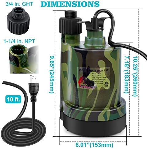 TIGEROAR 120V Submersible Pump 1/4 HP Water Transfer Pump 1800 GPH | Electric Pond Pool Pump Utility Pump with 10 ft. Cord Anticorrosive Plastic