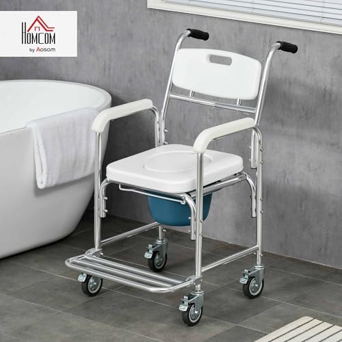 HOMCOM 3-in-1 Shower Commode Wheelchair, FSA/HSA Eligible Transport Beside Commode Chair