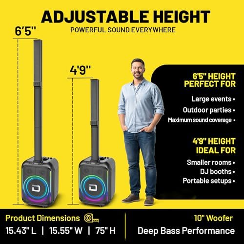Dolphin Karaoke Bluetooth Party Speaker with 2 Wireless Mics, 10" Woofer | 200W RMS, Adjustable 3-Piece Tower Design, WaveSync TWS Pairing, USB/AUX