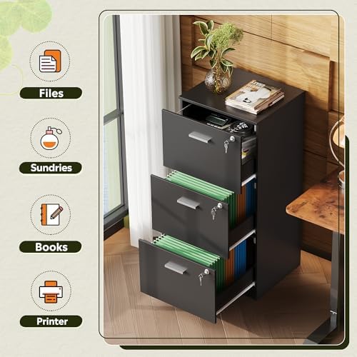 DEVAISE 3 Drawer Wood File Cabinet with Lock, Fits Letter and A4 Size | Wooden Tall Vertical Filing Cabinet, Home Office Printer Stand, Easy Assembly, White