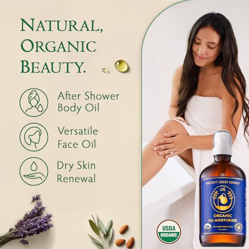 Organic Body & Face Oil for Dry Skin, Hydrating After Shower Moisturizer | Lightweight Nourishing Facial & Body Oil, Natural Cold-Pressed Almond, Olive, Jojoba, Rosehip & Lavender Oils, Vitamin E