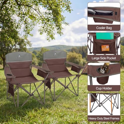 Oversized Camping Chairs 2 Pack - Heavy Duty 400LBS Padded Lawn Chair with Cooler Bag,Cup Holder,Side Pocket,Collapsible for Outdoor,Camp,Fishing & Garden,Dark Green