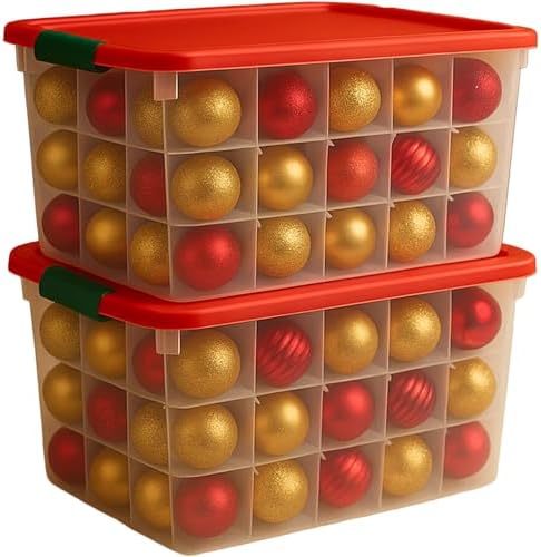 HOMZ Holiday Tote Plastic Storage Bin with Lid, 112 Qt, Clear/Red, 2 Pack