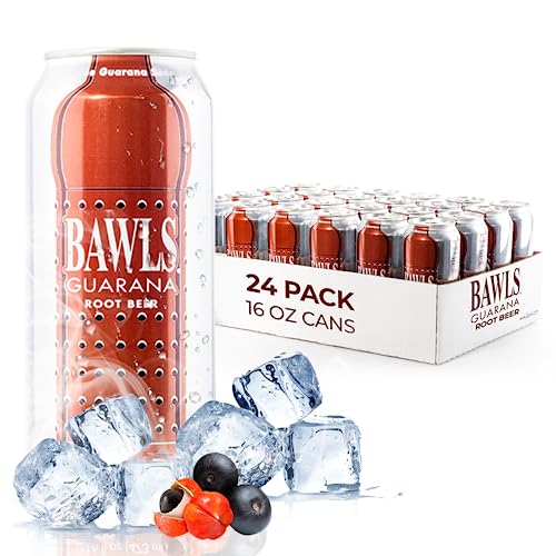 BAWLS Guarana Root Beer - Guarana Fueled Soda for Energy, High Caffeinated Drink, 12 Pack 16oz Cans