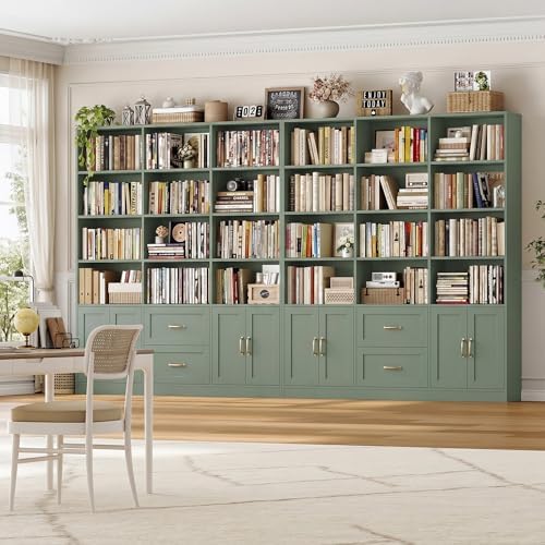 HOSTACK 71" Tall Triple Wide Bookshelf with Storage Drawers & Doors, Green | Large Bookcase with Cabinet, Modern 6-Tier Open Display Shelves, Wood Book Shelf for Living Room, Home Office