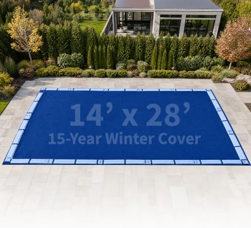 Blue Wave Arctic Armor 14x28-ft Rectangular In-Ground Pool Winter Cover | Solid polyethylene, black underside, heat-sealed seams, grommets, cable, winch, 5-ft overlap, 15-yr support, blocks debris
