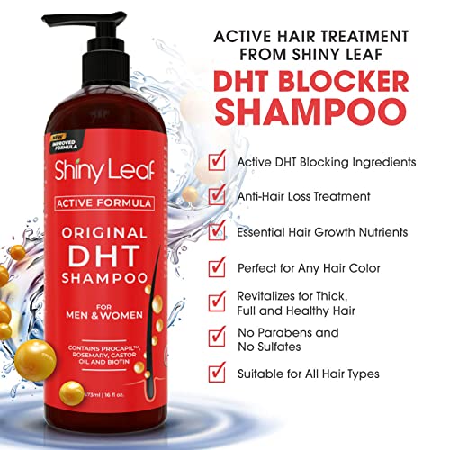 Shiny Leaf DHT Blocker Shampoo and Conditioner Set with Biotin, 2 x 16 oz | DHT blocker shampoo and conditioner with biotin, rosemary oil and asparagus extract for thinning hair. For men and women