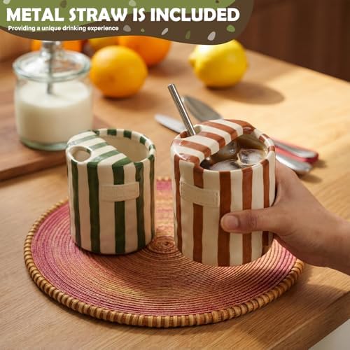 2 Pack Ceramic Coffee Mug with Sip Hole Espresso Cup 10oz with Straws Retro Hand Painted Striped Ceramic Iced Coffee Tea Travel Mug Latte Cup for
