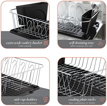 Kitchen Details 3 Piece Dish Rack | Drying Rack, Cutlery Basket & Drainboard Tray | Countertop | Self Draining | Open Wire Design | Chrome | White