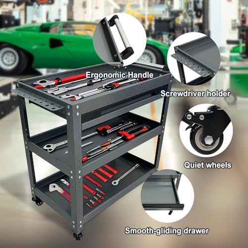 Metal 3 Tier Rolling Tool Cart with Drawer, Steel Utility Cart on Wheels, for Warehouse Garage Workshop