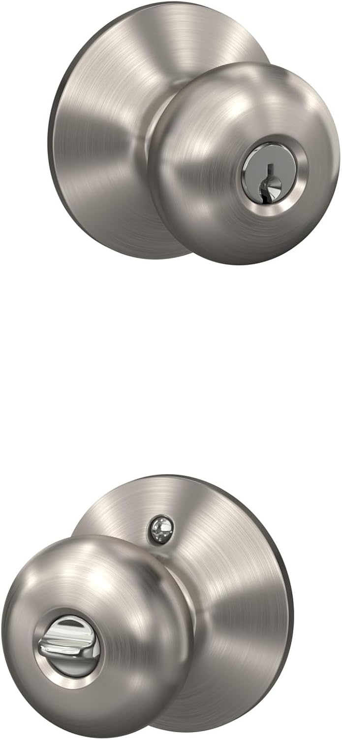 Schlage Plymouth Bed/Bath Privacy Door Knob with Lock, Satin Nickel | Interior bedroom or bathroom door knob with push button lock, Easy to install, Certified durability, Universal fit