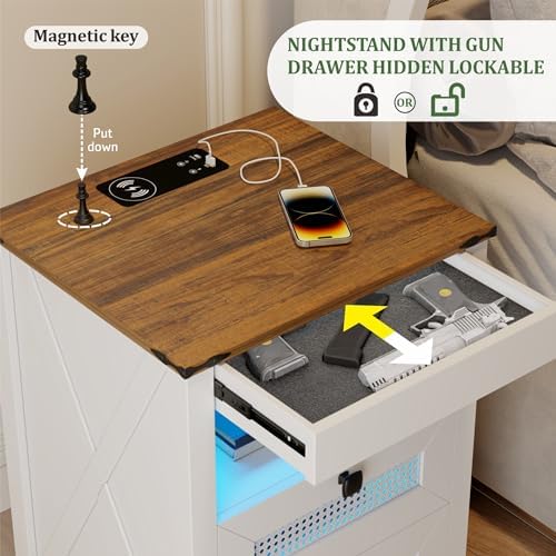 LED Night Stand with Gun Drawer & Charging Station | Human Sensor Lights, Hidden Storage, Farmhouse Rattan Style, 3 Drawers, Bedside Table for Bedroom, End Tables Livingroom